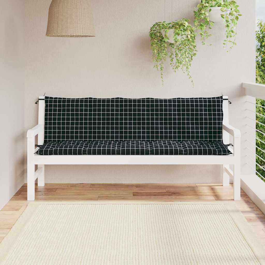 Two black check Oxford fabric cushions on a white garden bench with ties.