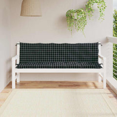 Two black check Oxford fabric cushions on a white garden bench with ties.