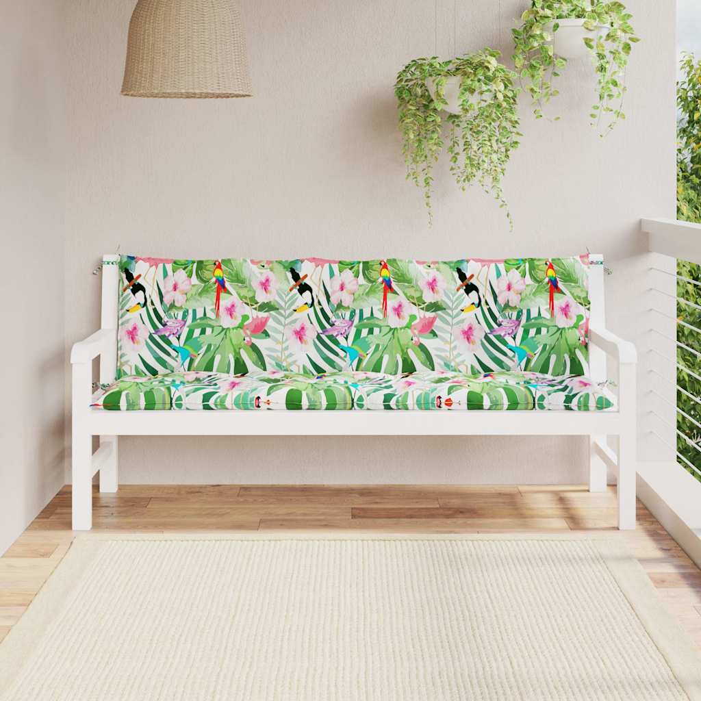 Multicolor garden bench cushions made of Oxford fabric with non-slip ties and water-repellent features.