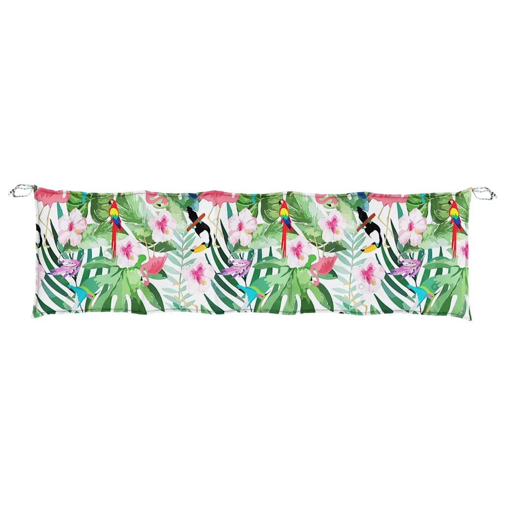 Multicolor garden bench cushions made of Oxford fabric with non-slip ties and water-repellent features.