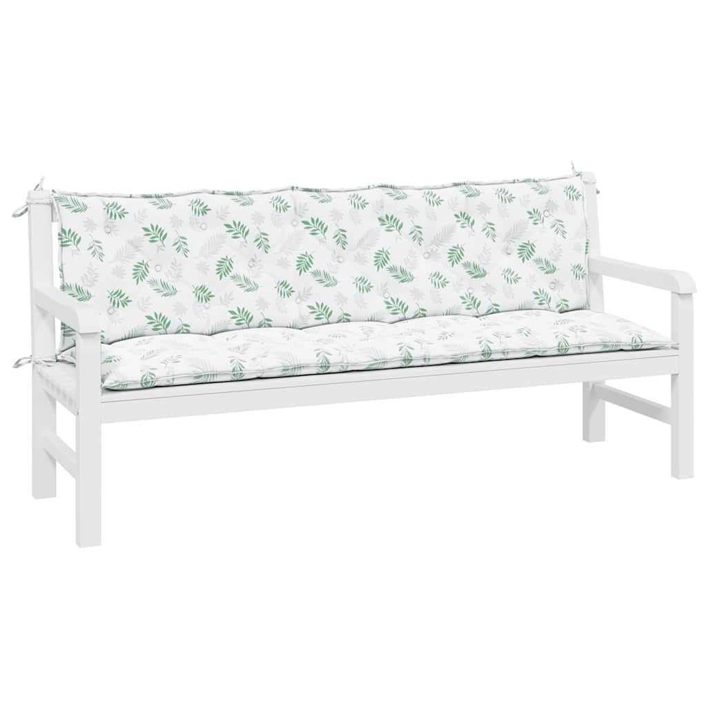 Two white garden bench cushions with green leaf pattern on Oxford fabric and ties.