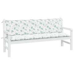 Two white garden bench cushions with green leaf pattern on Oxford fabric and ties.