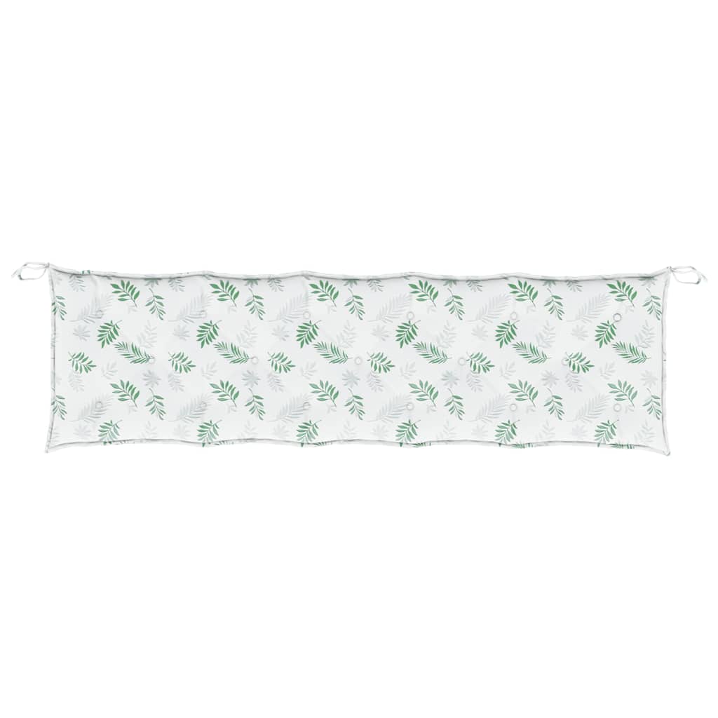 Two white Oxford fabric bench cushions with green leaf pattern and ties, 70.9 x 19.7 inches.
