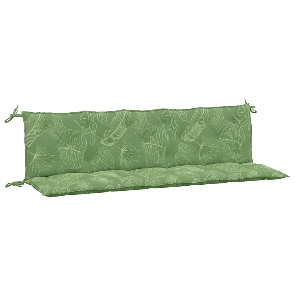 Two-piece garden bench cushions in leaf pattern Oxford fabric with water-repellent surface.