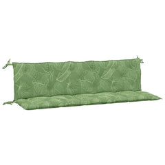 Two-piece garden bench cushions in leaf pattern Oxford fabric with water-repellent surface.