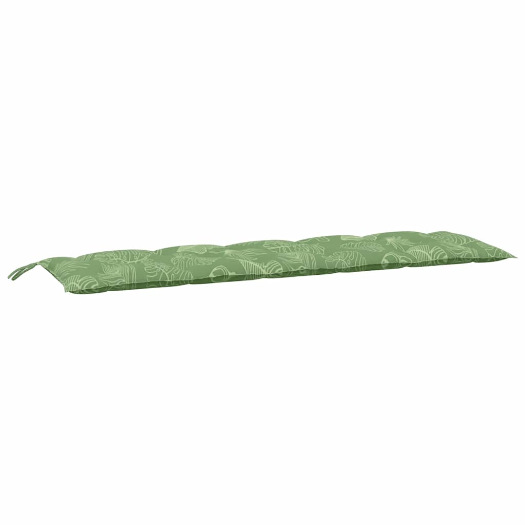 Two-piece garden bench cushions in leaf pattern Oxford fabric with water-repellent surfaces.