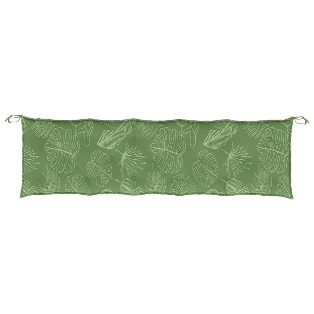 Two-piece garden bench cushions in leaf pattern with water-repellent Oxford fabric.