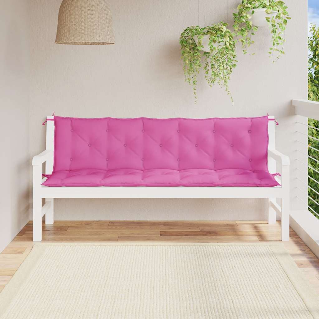 Two pink Oxford fabric cushions for garden bench with ties and tufted design