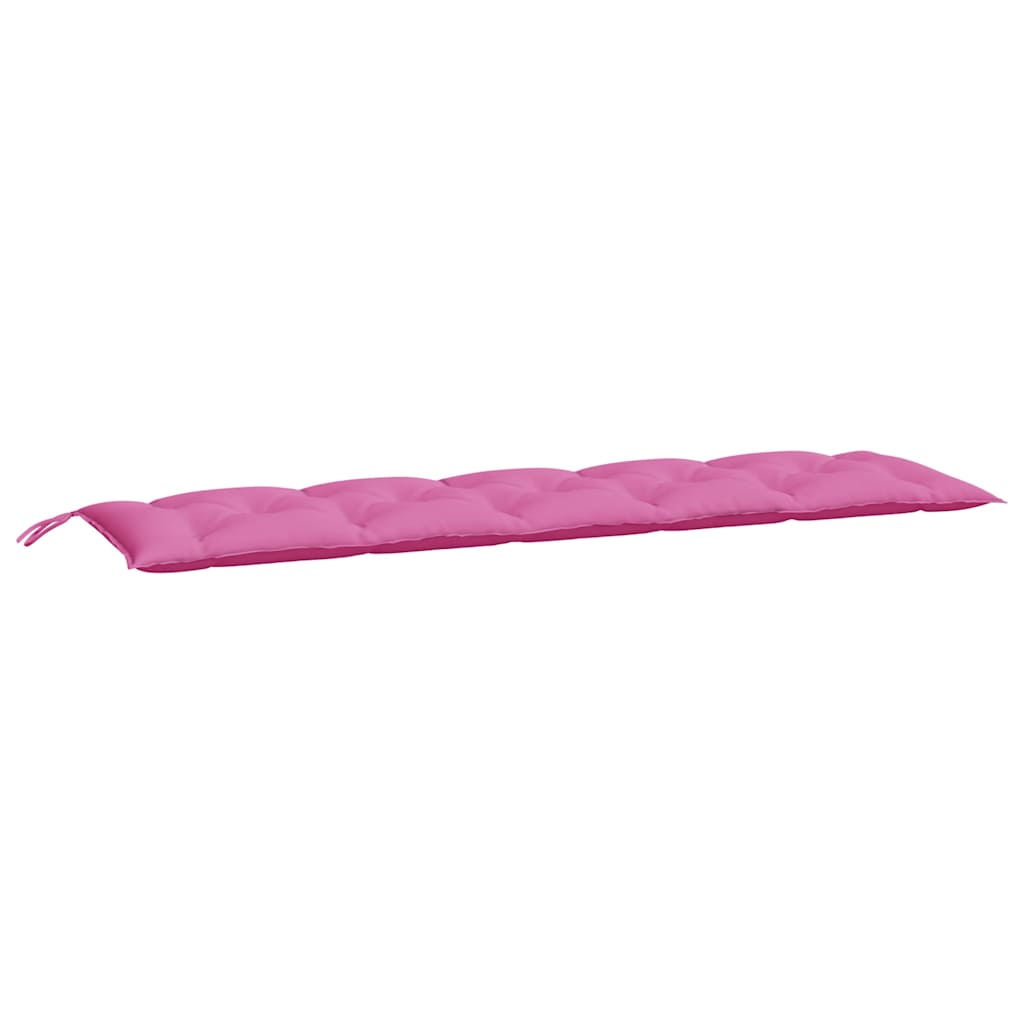 Two pink Oxford fabric garden bench cushions with ties, viewed from the side.
