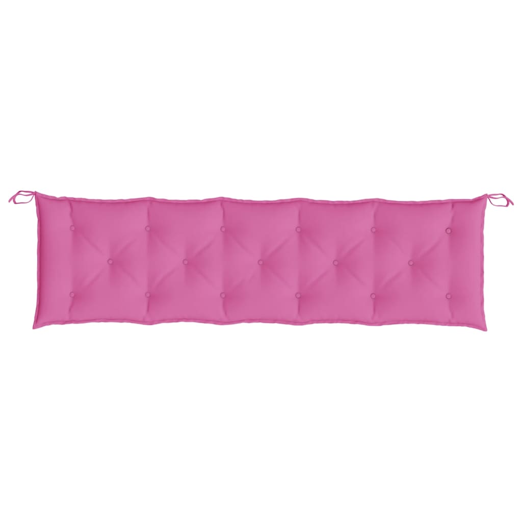 Two pink Oxford fabric garden bench cushions with tufted design and ties, 70.9 x 19.7 x 2.8 inches each.