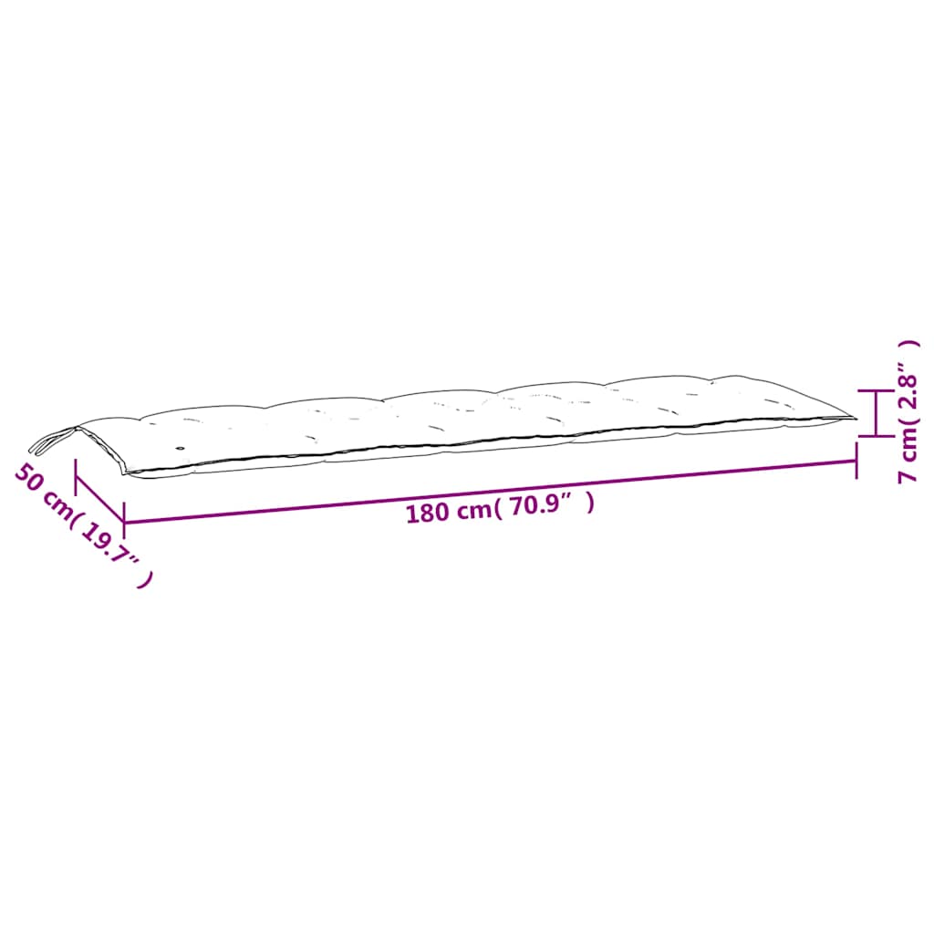 Diagram of pink garden bench cushion measuring 180 cm long, 50 cm deep, and 7 cm thick.
