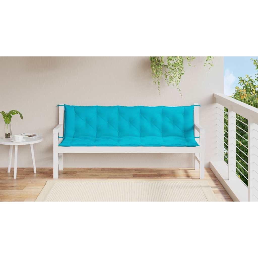 Turquoise garden bench cushions in durable Oxford fabric, featuring seat and back support.