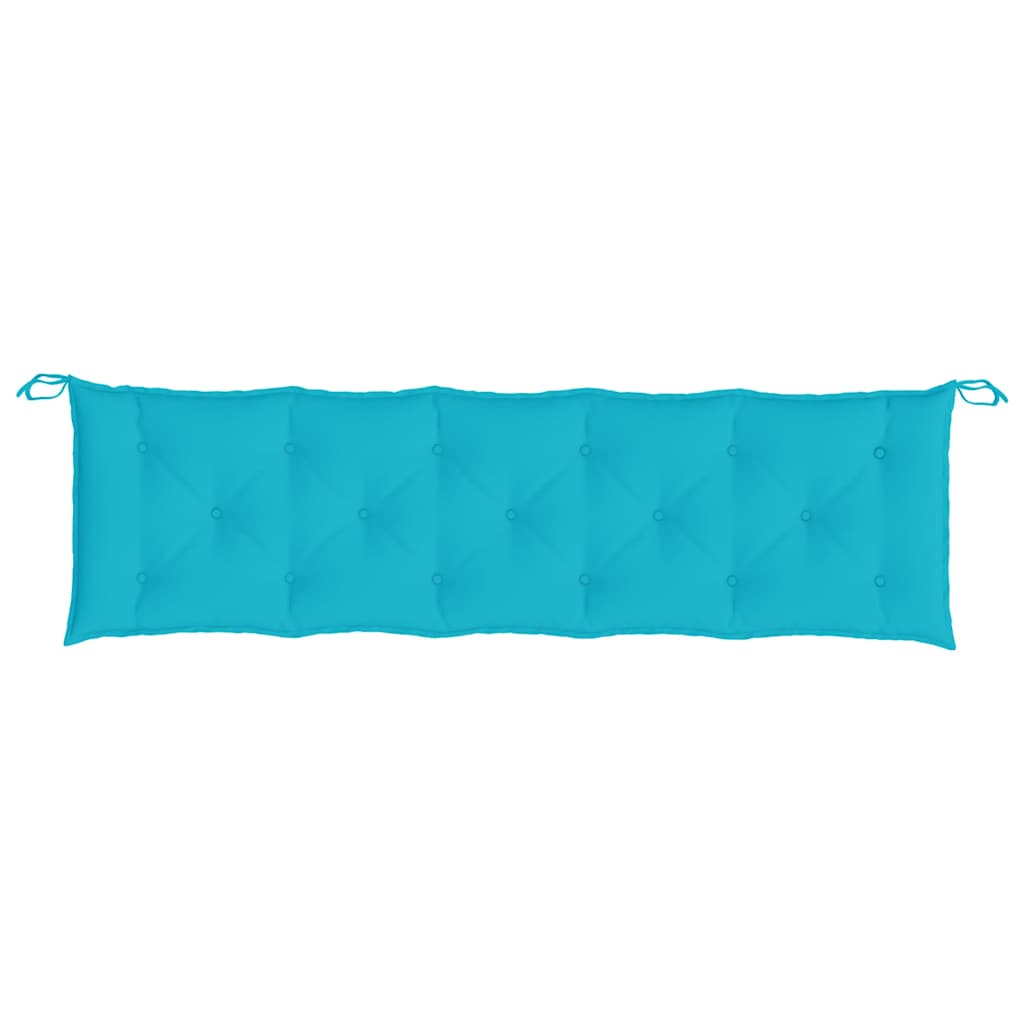 Turquoise garden bench cushions in durable Oxford fabric with non-slip ties and breathable filling.