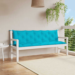Turquoise garden bench cushions in durable Oxford fabric with non-slip ties and breathable filling.