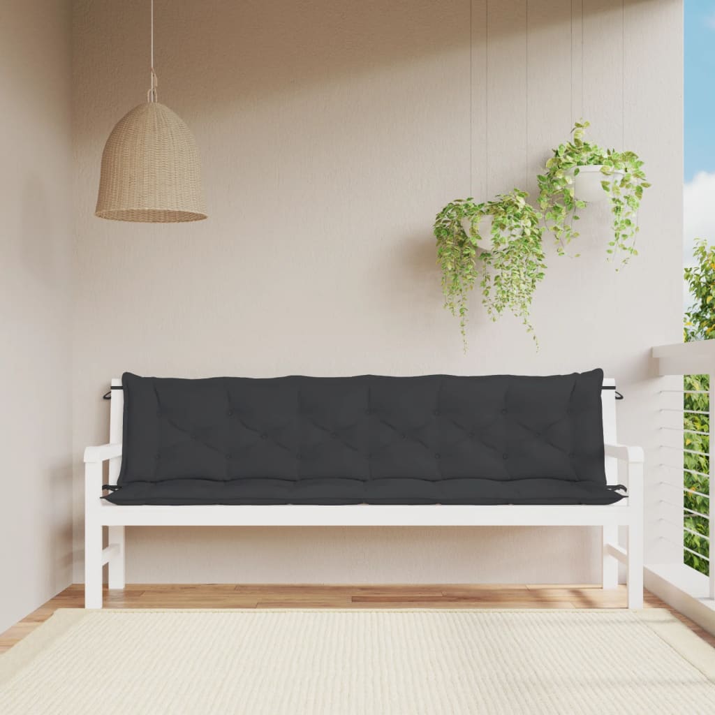 Black outdoor garden bench cushions in a 2-piece set made from durable Oxford fabric.