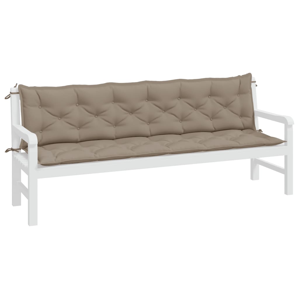 Taupe Oxford fabric garden bench cushions in a 2-piece set, designed for comfort and durability.