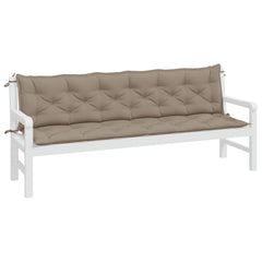 Taupe Oxford fabric garden bench cushions in a 2-piece set, designed for comfort and durability.