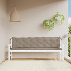 Taupe Oxford fabric garden bench cushions in a 2-piece set, designed for comfort and durability.