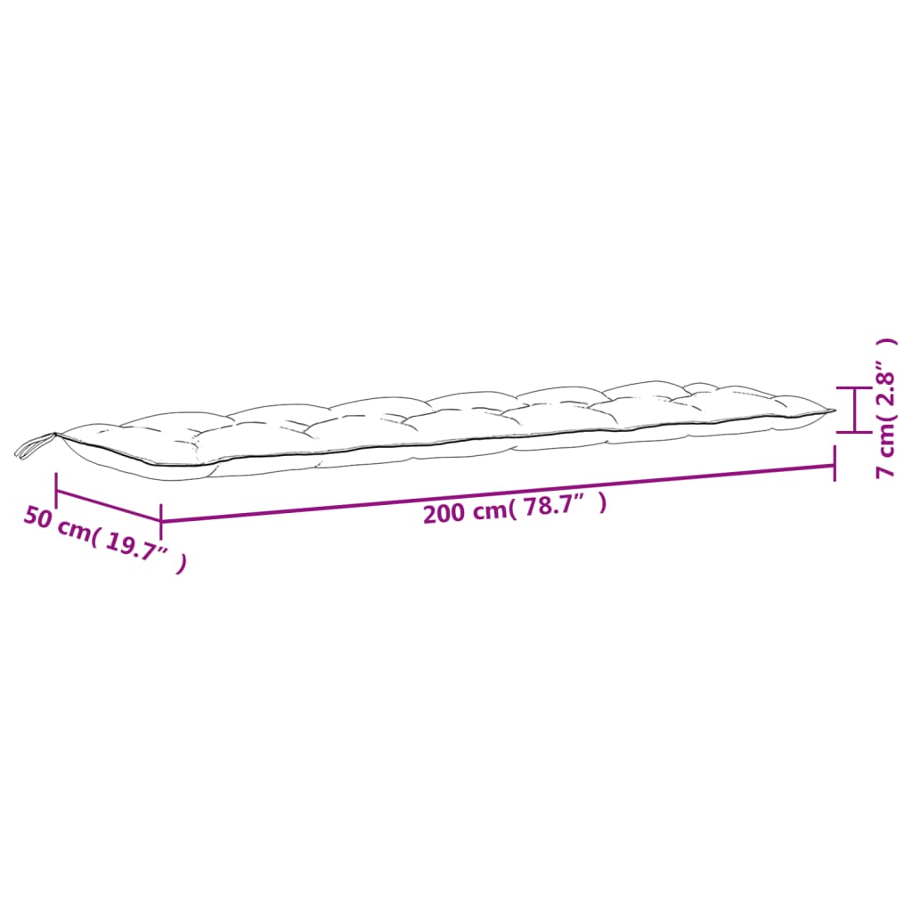 Two blue Oxford fabric garden bench cushions, each 200x50x7 cm, shown with dimensions.