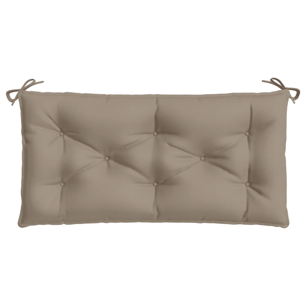 Taupe garden bench cushion with water-resistant Oxford fabric and non-slip ropes for secure attachment.