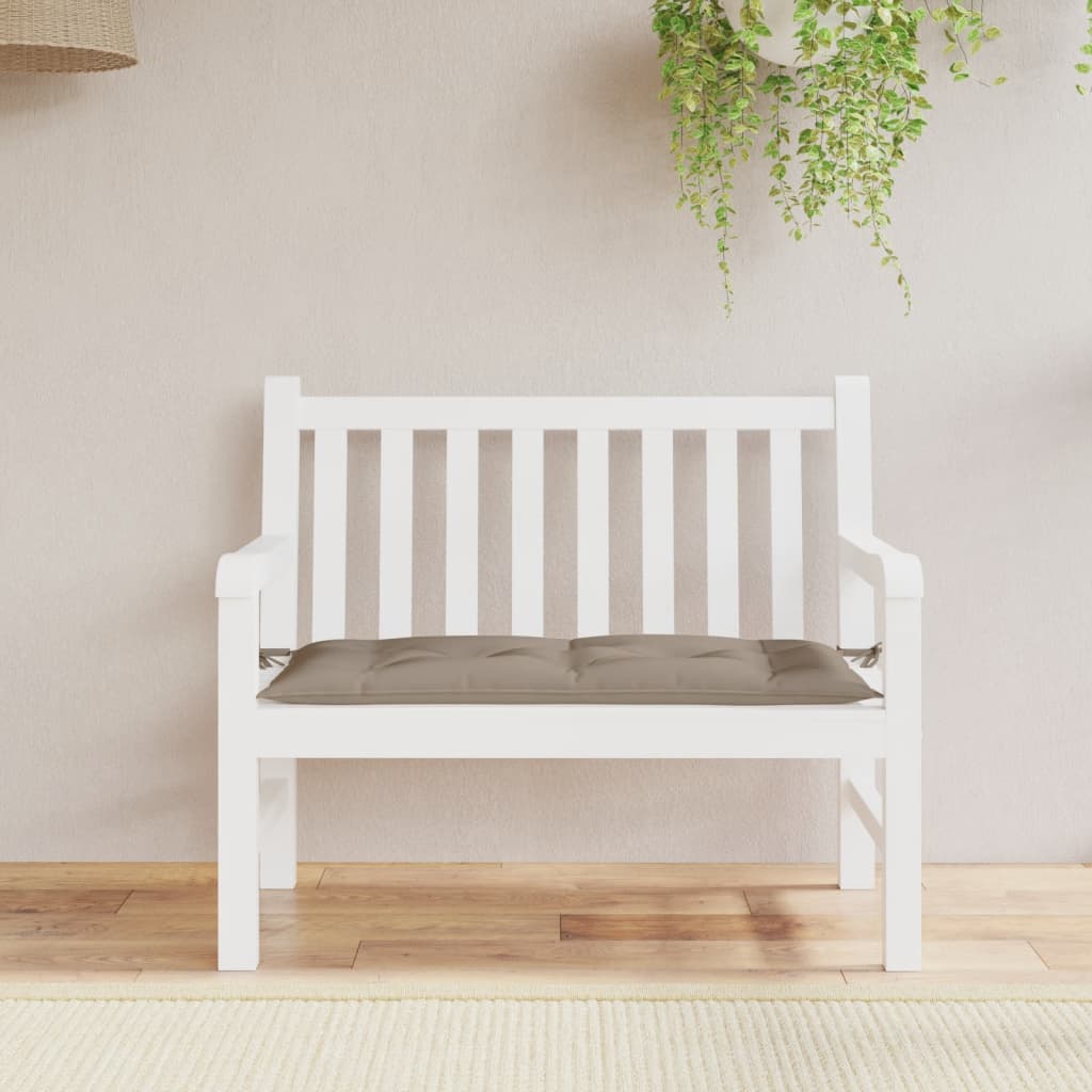 Taupe garden bench cushion made of durable, water-resistant Oxford fabric with non-slip ropes.