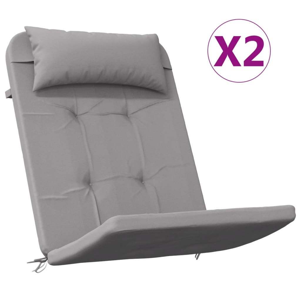 Gray Oxford fabric Adirondack chair cushions, 2-pack, with tufted design and headrest.
