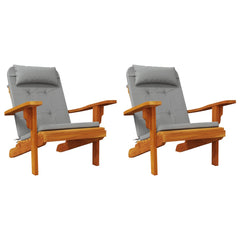 Two gray Oxford fabric cushions designed for Adirondack chairs with wooden frames.