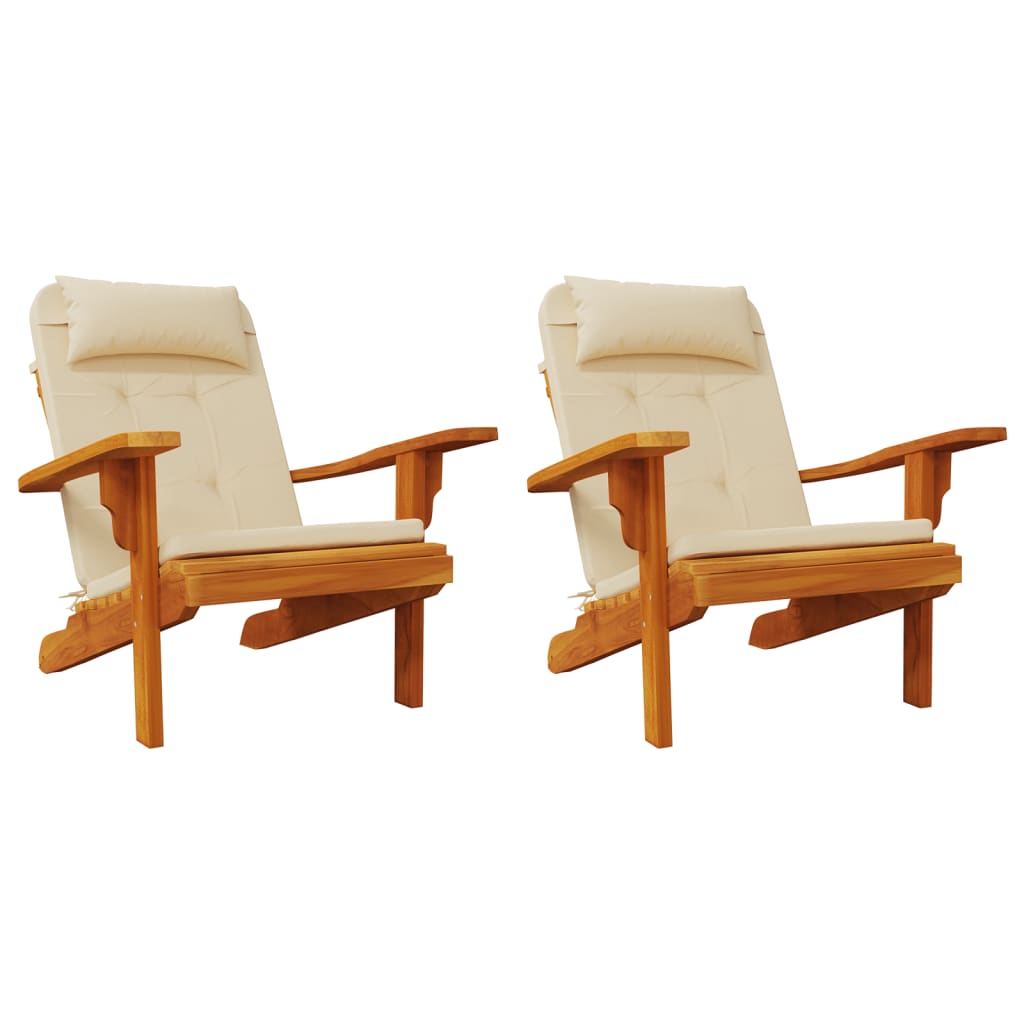 Beige outdoor cushions for Adirondack chairs made of water-resistant Oxford fabric.