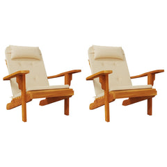 Beige outdoor cushions for Adirondack chairs made of water-resistant Oxford fabric.