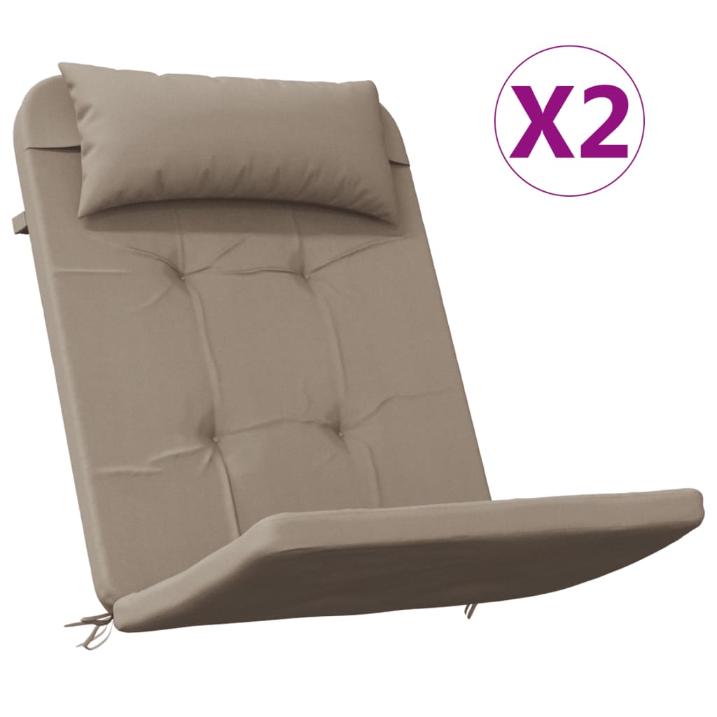 Two taupe Oxford fabric Adirondack chair cushions with pillow and tie straps.