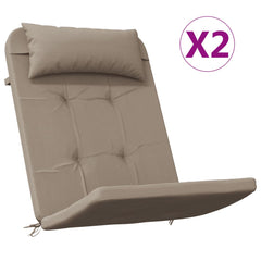 Two taupe Oxford fabric Adirondack chair cushions with pillow and tie straps.