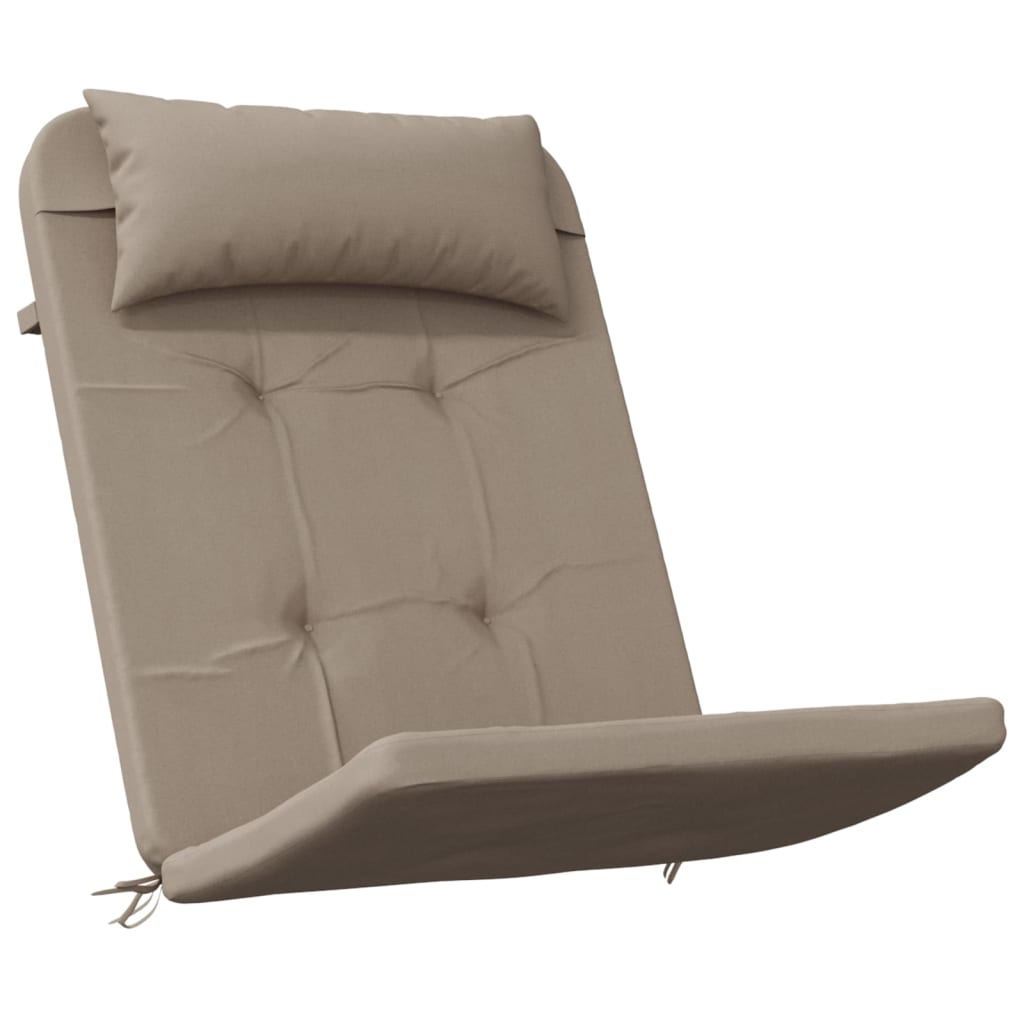 Taupe Oxford fabric Adirondack chair cushions with tufted seat and back pillows.