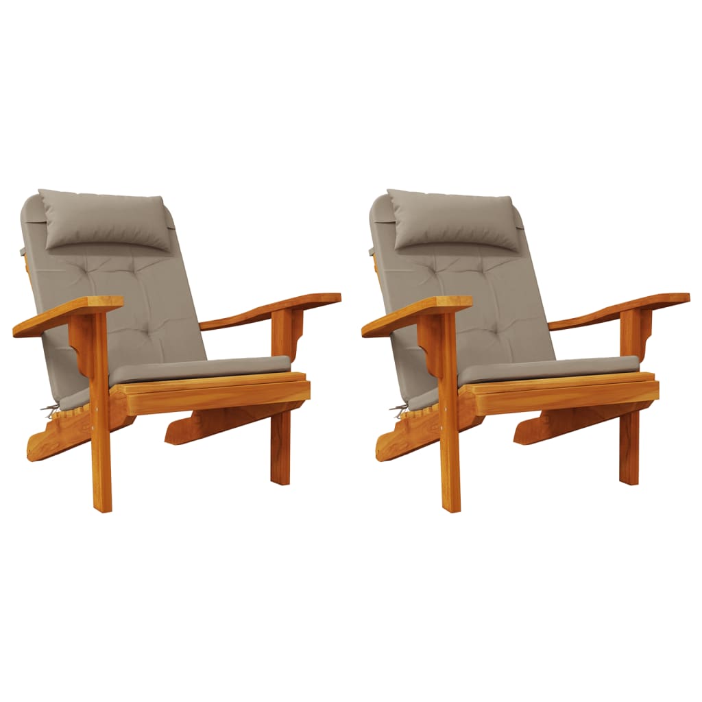 Two taupe Oxford fabric cushions for Adirondack chairs, featuring gray padding and straps.