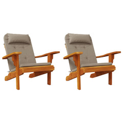 Two taupe Oxford fabric cushions for Adirondack chairs, featuring gray padding and straps.