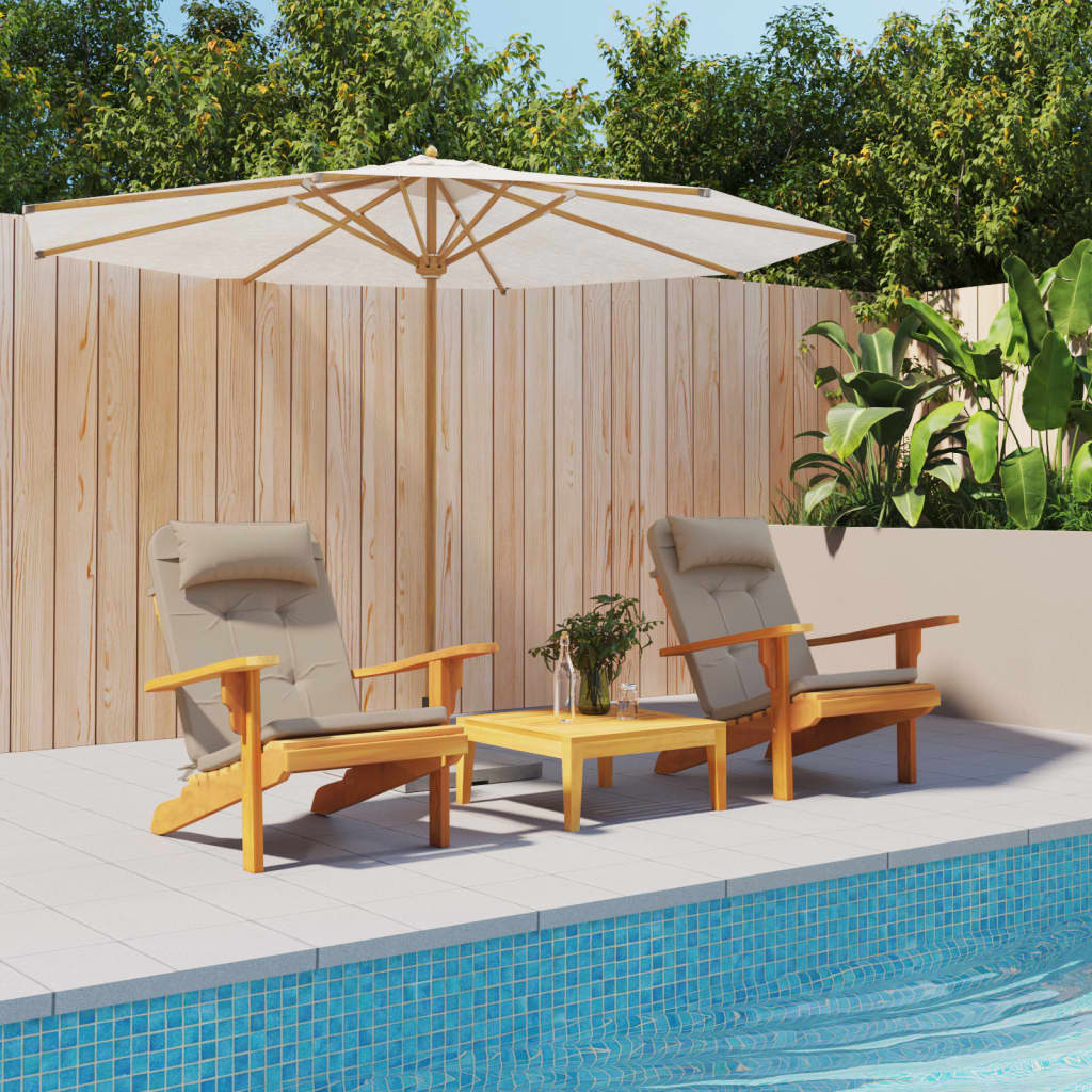 Two taupe Oxford fabric cushions on wooden Adirondack chairs by a pool.