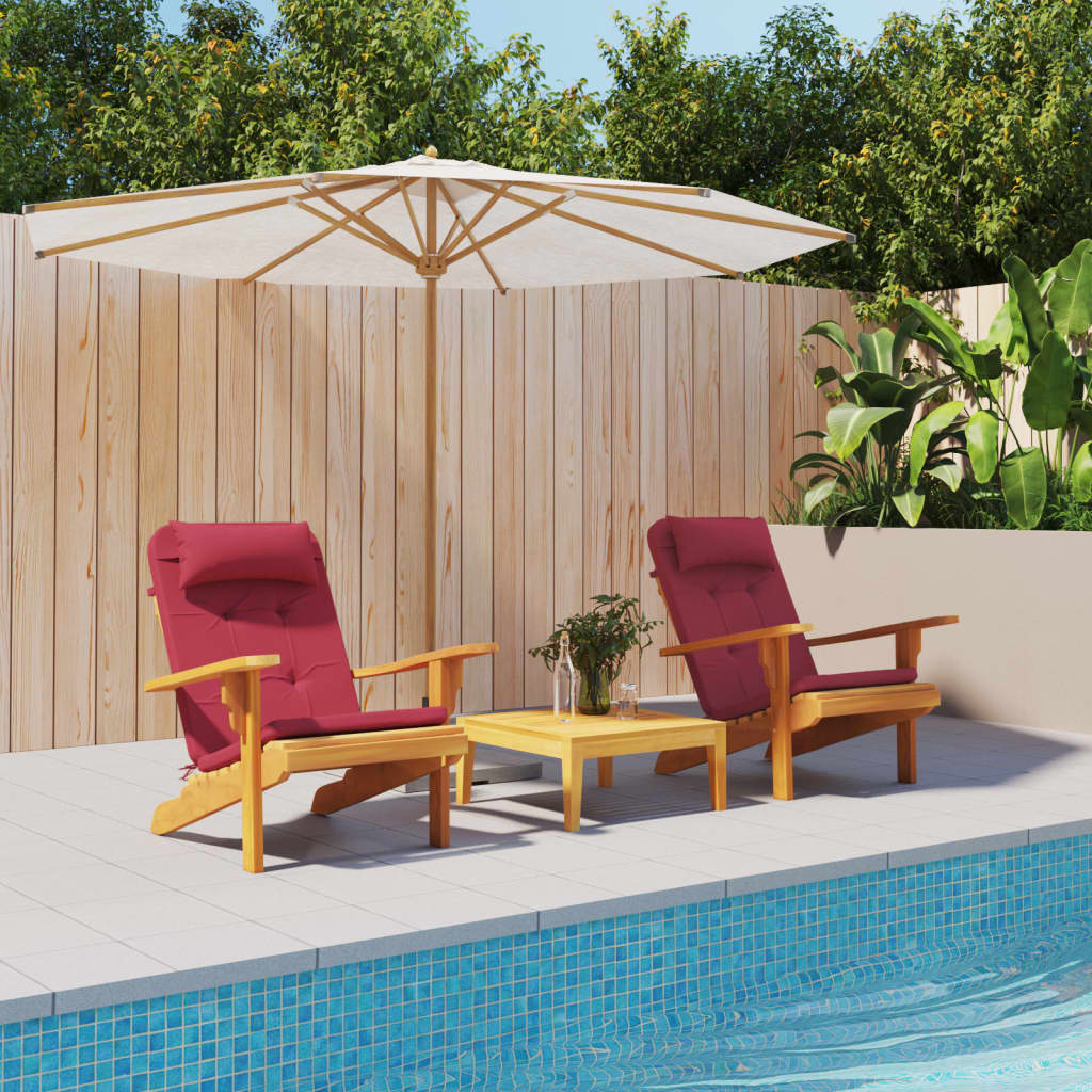 Two wine red cushions for Adirondack chairs made of water-resistant Oxford fabric.