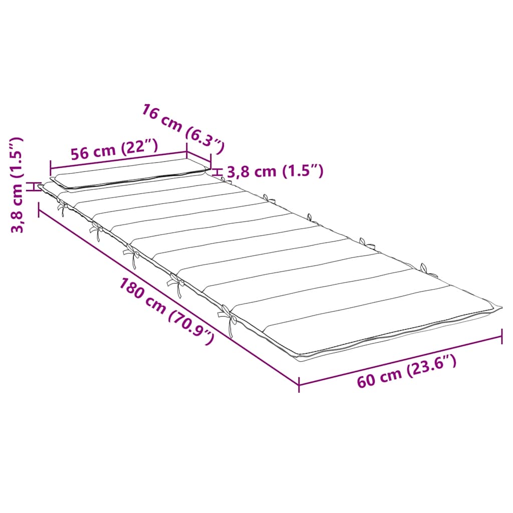 Cream Oxford fabric sun lounger cushion measuring 70.9 by 23.6 inches with straps.