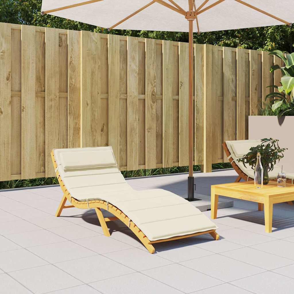 Cream Oxford fabric sun lounger cushion with non-slip straps on a wooden frame chair.