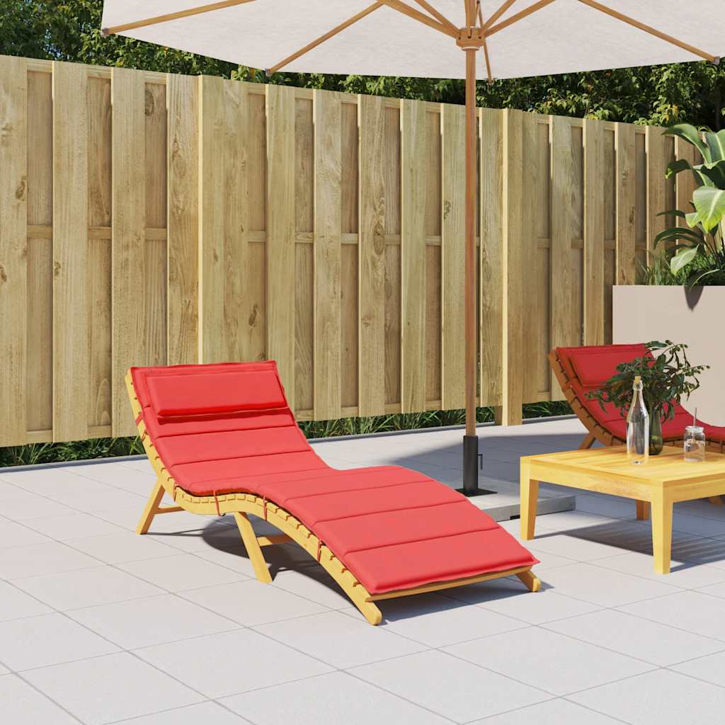 Red Oxford fabric sun lounger cushion with elastic straps, measuring 70.9 inches long.