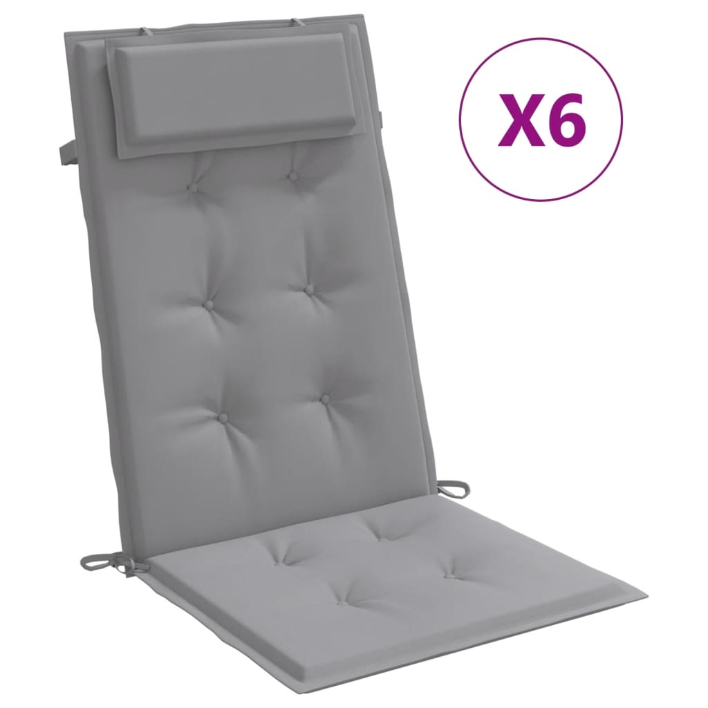Six gray Oxford fabric highback chair cushions with headrests and ties.