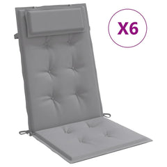 Six gray Oxford fabric highback chair cushions with headrests and ties.