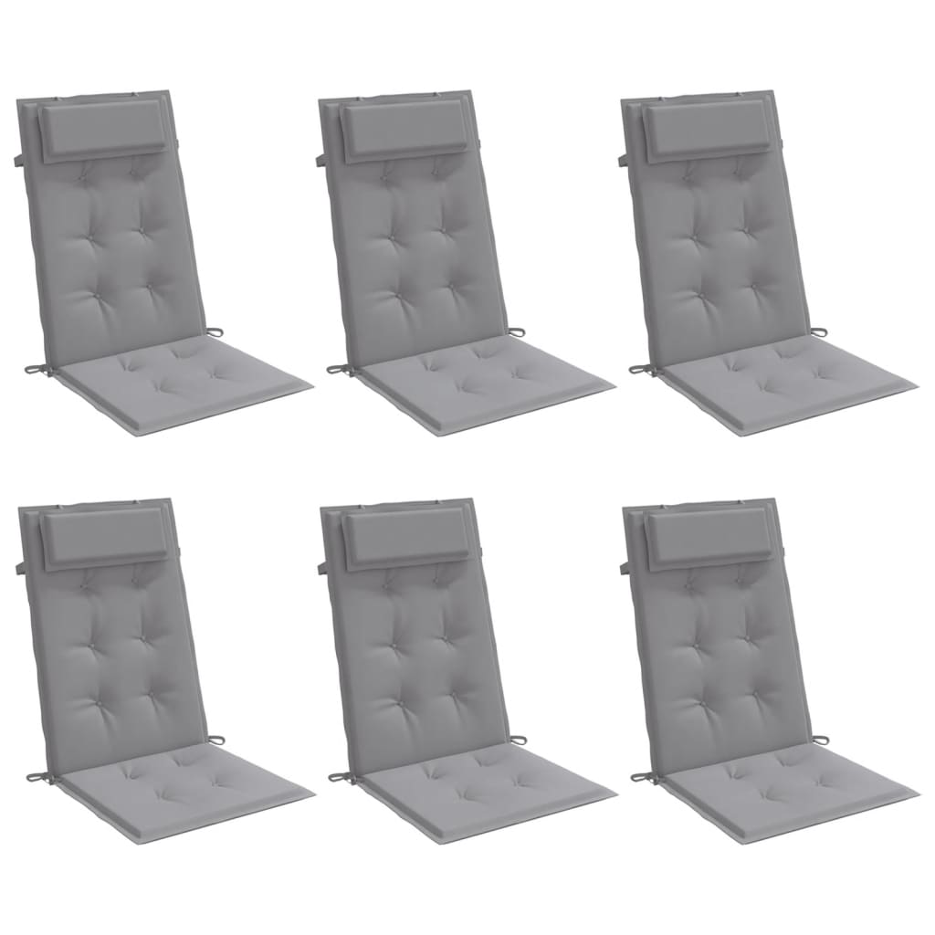 Six gray highback chair cushions with headrests and ties, shown from multiple angles.