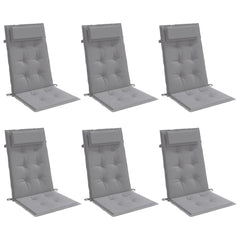 Six gray highback chair cushions with headrests and ties, shown from multiple angles.