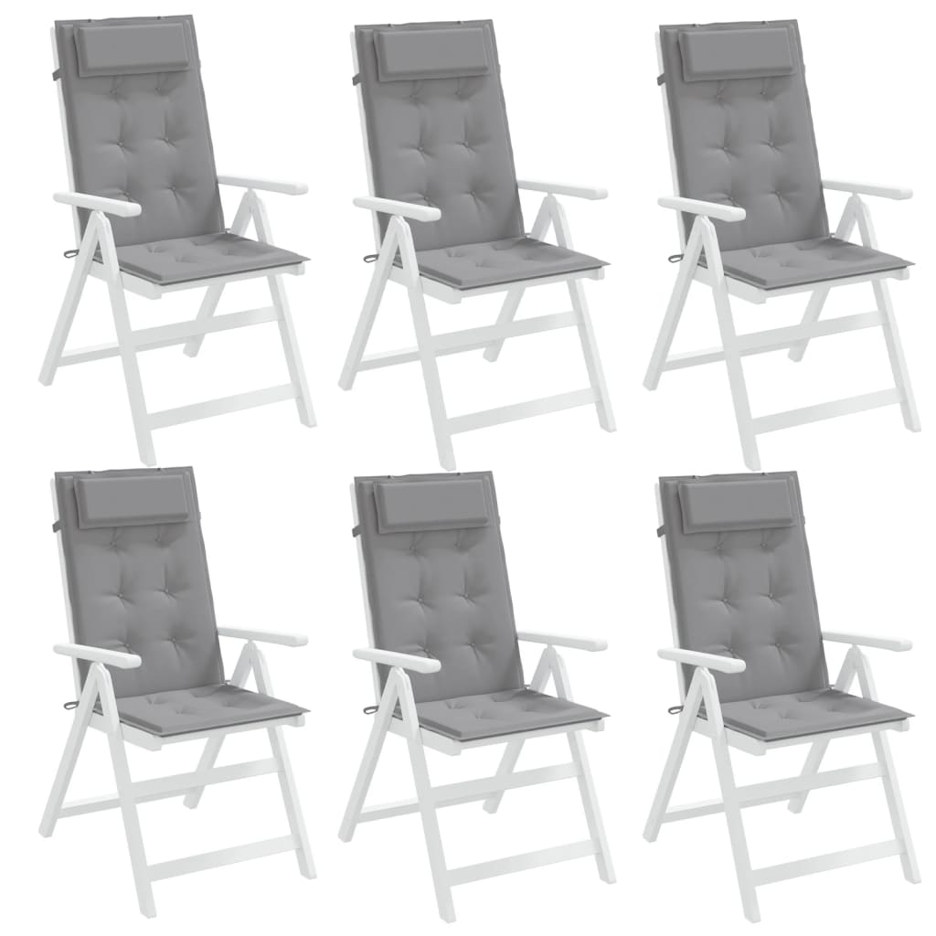 Six gray Oxford fabric highback chair cushions with headrests and ties.