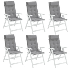 Six gray Oxford fabric highback chair cushions with headrests and ties.