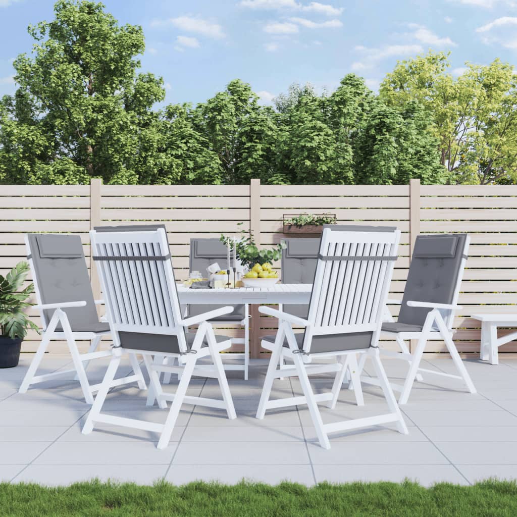 Six gray Oxford fabric highback chair cushions with ties, on white patio chairs.