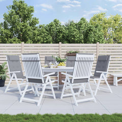 Six gray Oxford fabric highback chair cushions with ties, on white patio chairs.
