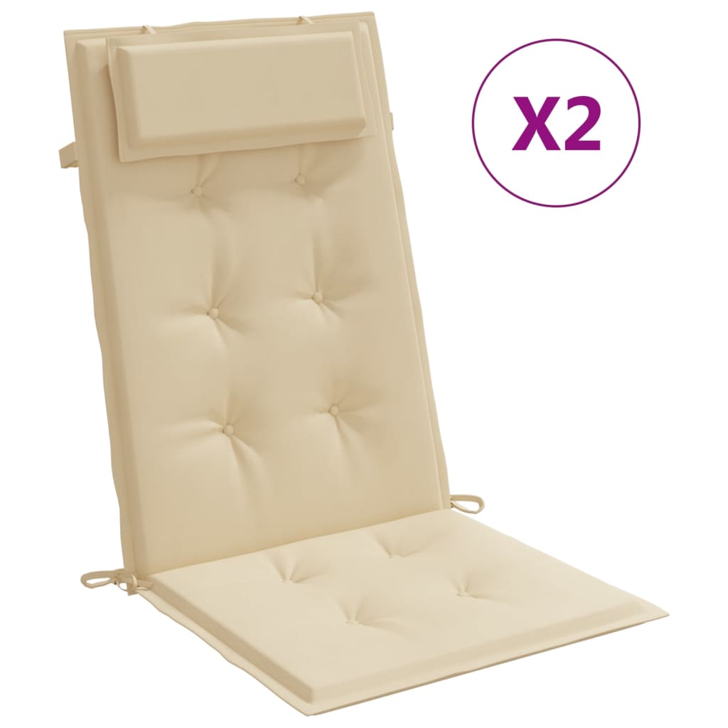 Two beige Oxford fabric highback chair cushions with tufted design and ties, 2-pack.