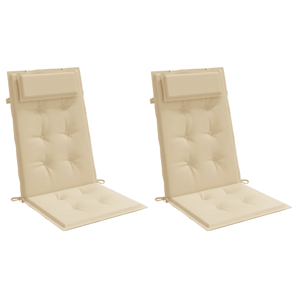 Two beige Oxford fabric highback chair cushions with tufted design and ties, sold as a pack.