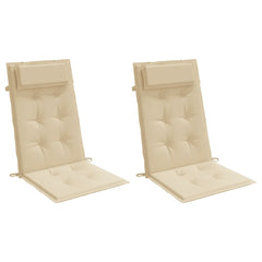 Two beige Oxford fabric highback chair cushions with tufted design and ties, sold as a pack.